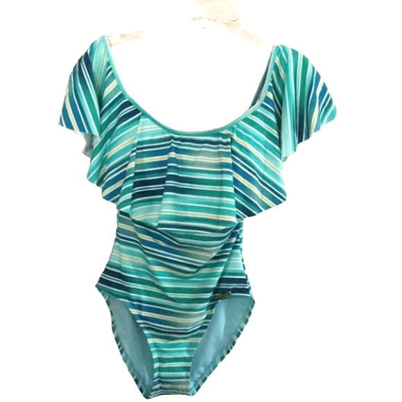 Vince Camuto Azure Blue Ruffle Off-the-Shoulder Striped One Piece Swimsuit 6 NWT - Picture 2 of 4